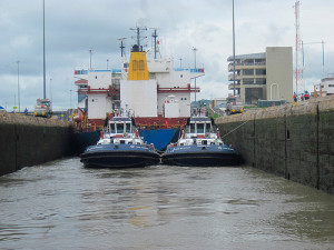 Container ship sharing the lock chamber, adjoining Miraflores Visitor Center